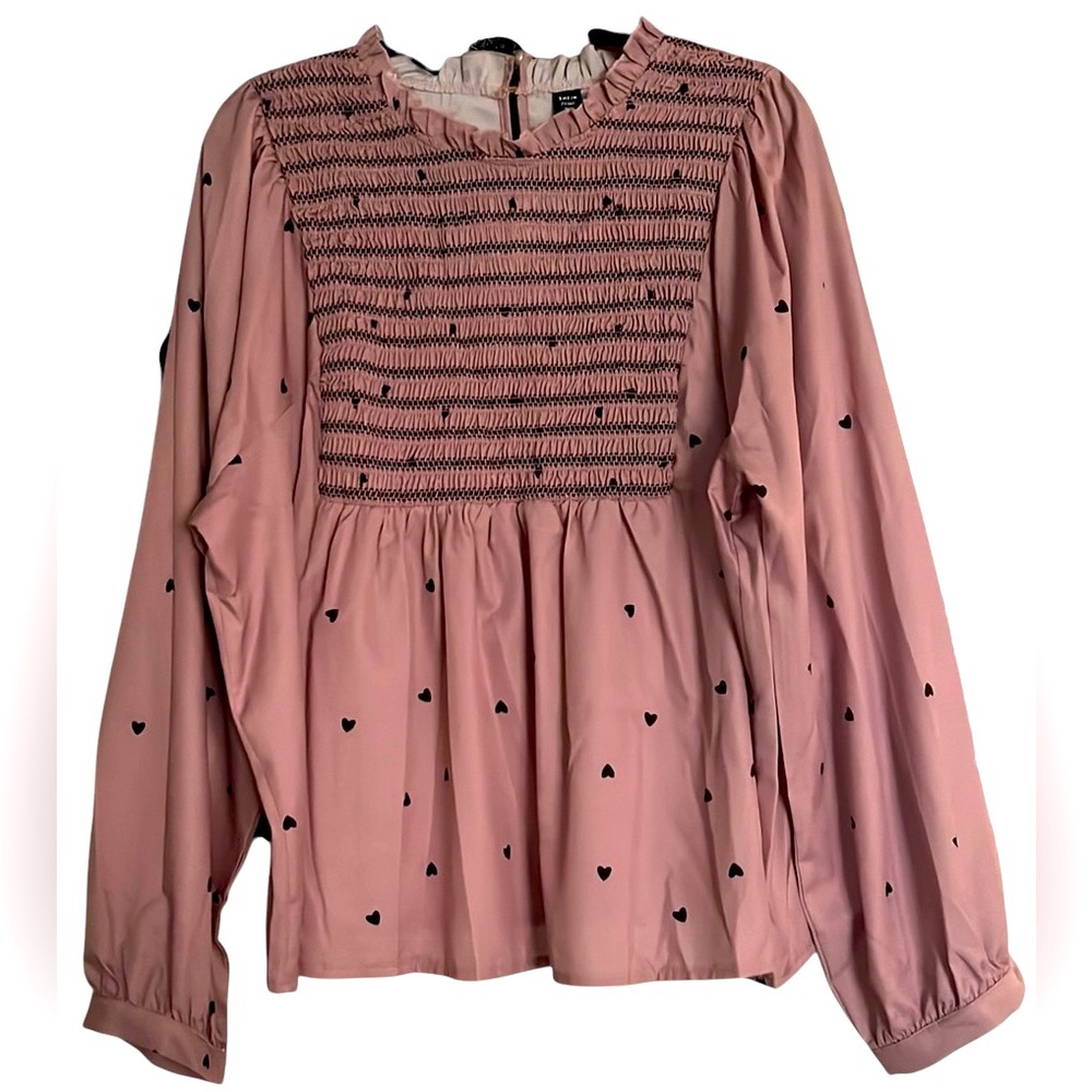 S H E I N Lavender/Black Heart Print Frill Trim Smocked Top, Size 2XL(16), EUC.